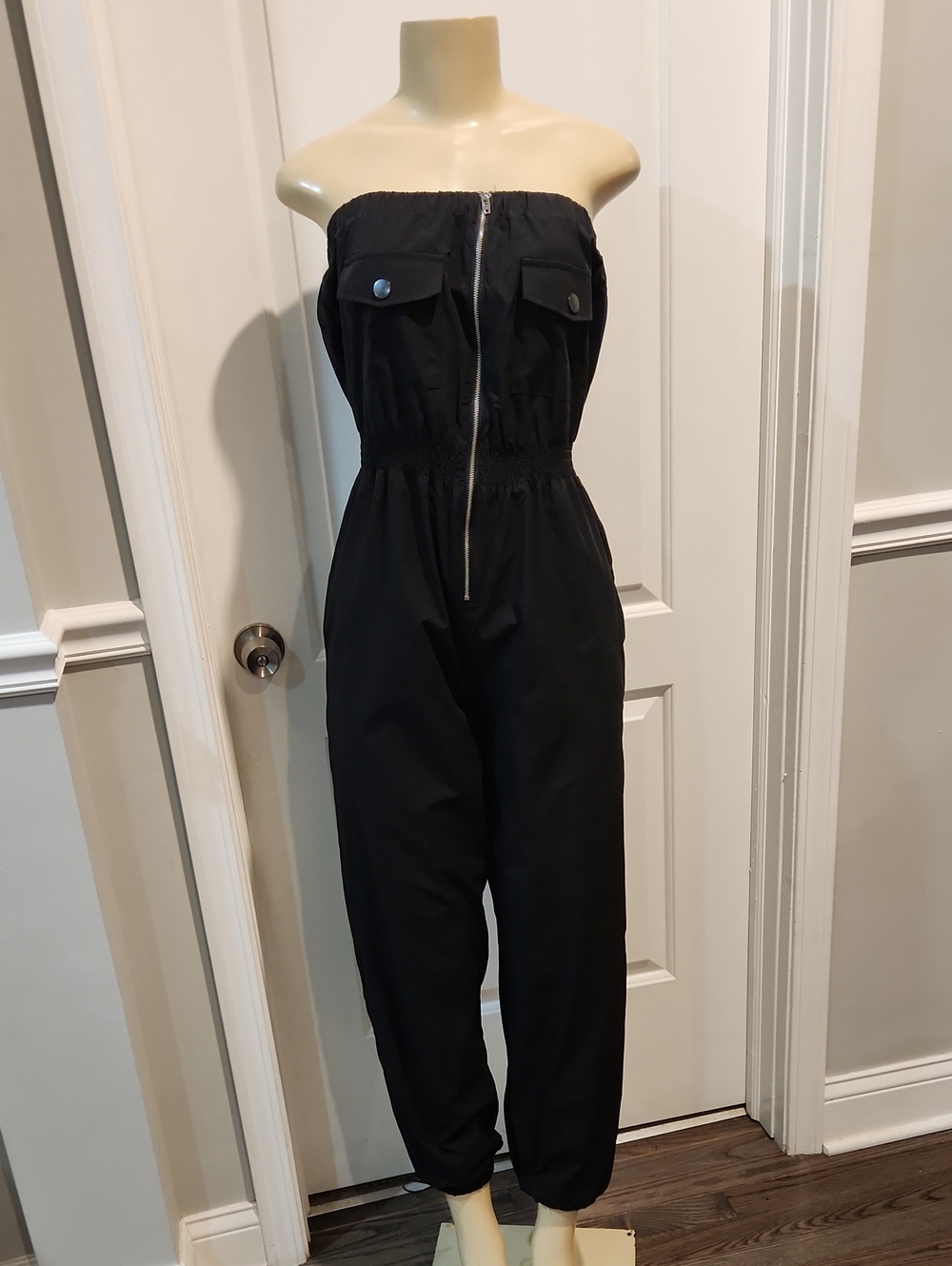 Fashion Nova Black Strapless Utility Jumpsuit with Front Zip